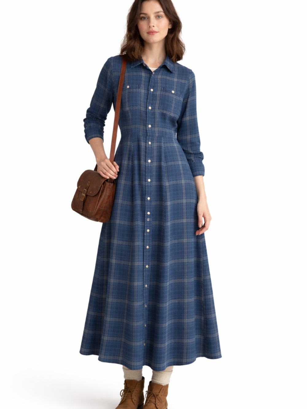 Polo Ralph Lauren maxi shirt dress women M flannel navy/blue plaid button down